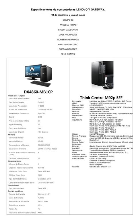 Especificaciones De Computadoras Lenovo Y Gateway