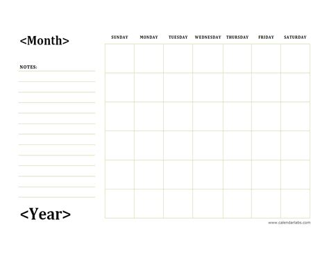 Monthly Blank Calendar With Day Notes Landscape Free Printable Templates