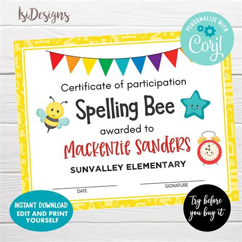 Editable Certificate Of Participation Spelling Bee Contest Diploma
