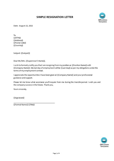 Télécharger Gratuit Simple Resignation Letter