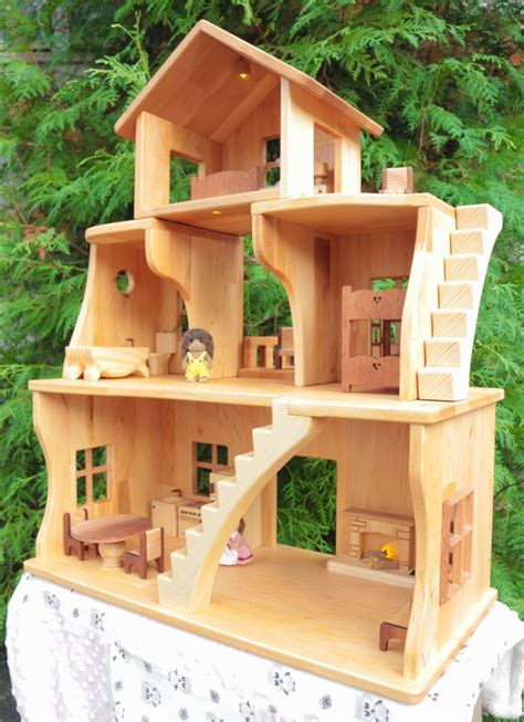 Large Wooden Stackable Dollhouse Three Story Dollhouse Etsy