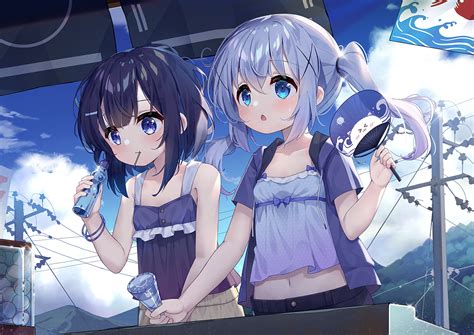 2girls Aqua Eyes Black Hair Blue Eyes Clouds Drink Fan Fuiba Fuyu Gochuumon Wa Usagi Desu Ka