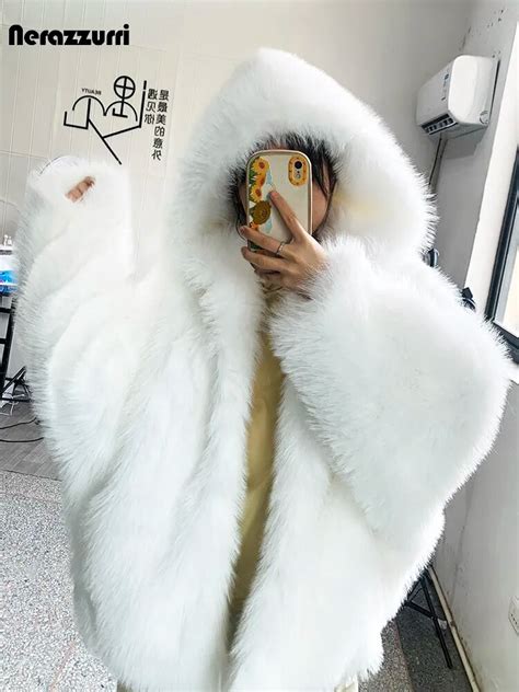 Nerazzurri Autumn Winter Oversized White Black Warm Shaggy Hairy Faux Fur Coat Women With Hood