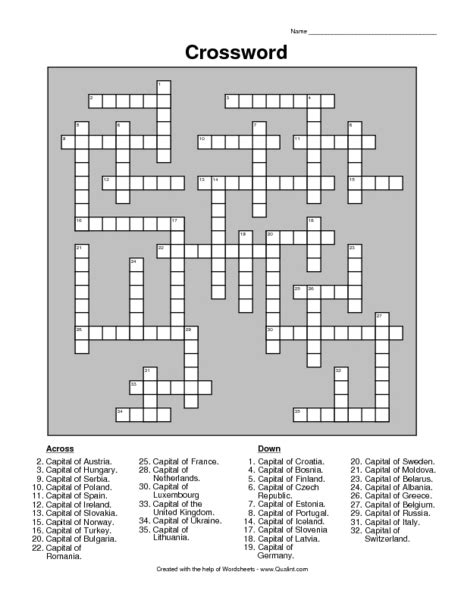 Crossword Capitals Of Countries Worksheet For 4th 6th Grade Lesson