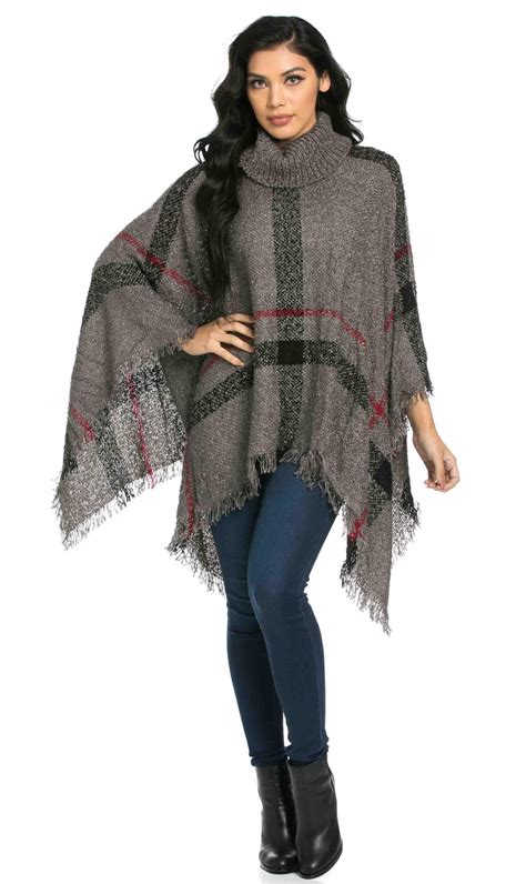 Jumbo Plaid Cowl Neck Poncho Sweater In Gray