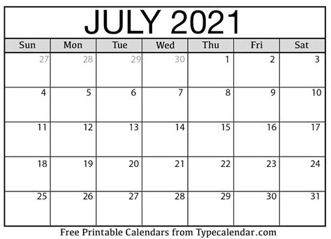 B Free Printable July 2021 Calendars