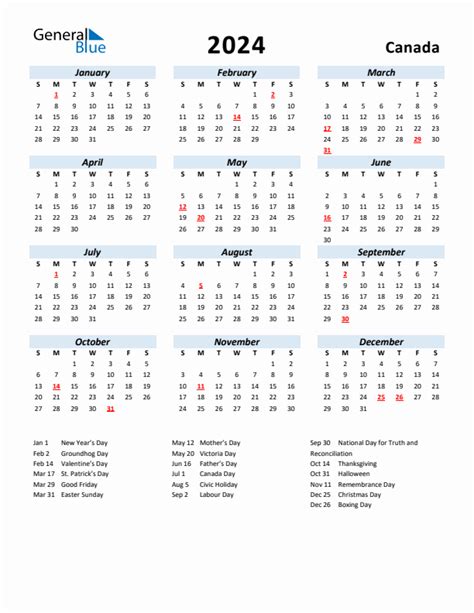 2024 Monthly Calendar Canada With Holidays Printable Vida Allyson
