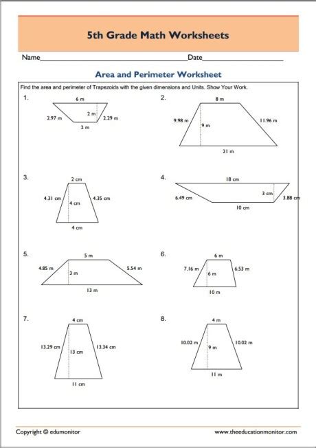 Free Printable 5th Grade Math Worksheets - Area and Perimeter in pdf