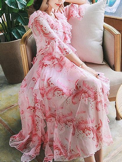 Pink Floral Print Ruffle Bell Sleeve Split Chiffon Maxi Dress