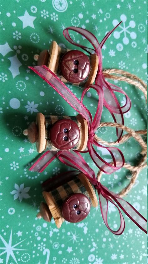 Christmas Ornament Vintage Wooden Spools With Green Checked Etsy
