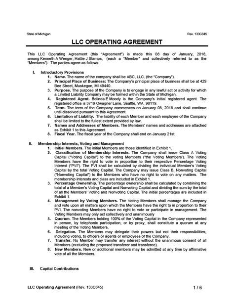 Llc Operating Agreement Pa Template