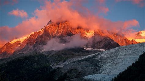 Mont Blanc Mountain Range View On Peak And Glacier At Sunset