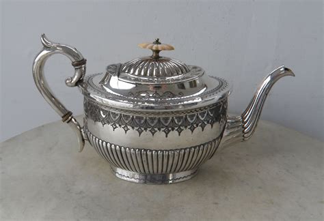 Victorian Silverplate Teapot Bright Cut Swag And Swirl Ribbed Design Bone