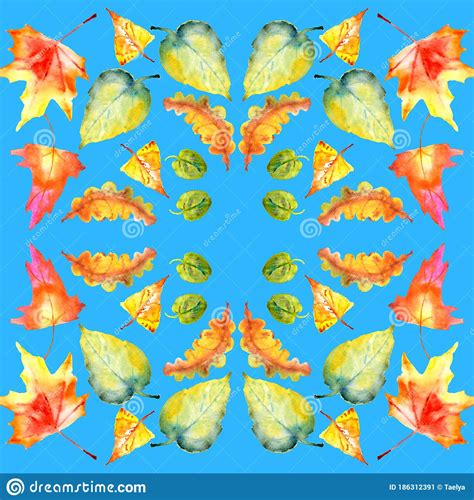 Autumn Colorful Leaves Leaf Fall Seamless Pattern On Sky Background