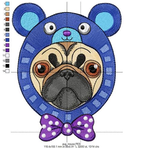 Pug Embroidery Design Pug Face In The Mouse Hood Pug Machine Etsy