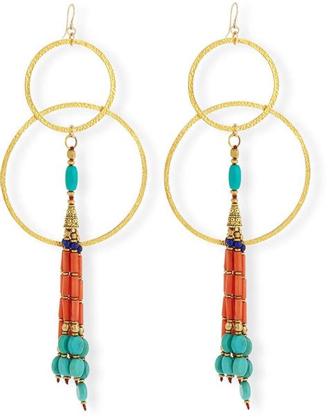 Devon Leigh Turquoise And Coral Double Hoop Earrings Turquoise Tassel Earrings Beaded Tassel