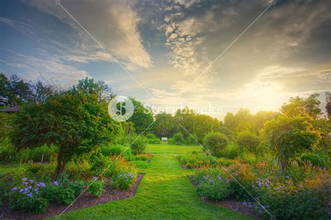 Serene Garden Scene At Sunset Royalty Free Stock Image Storyblocks