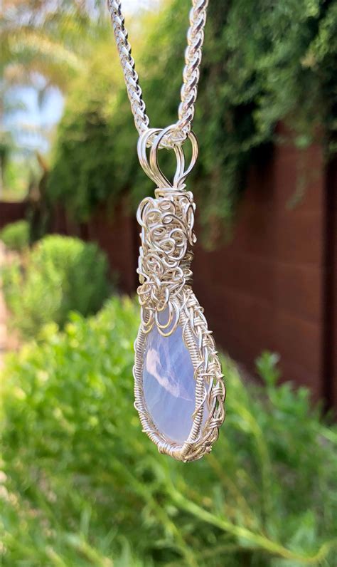Blue Lace Agate Wire Wrapped Pendant Necklace Blue Lace Agate
