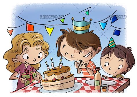Children Celebrating A Birthday At The Table With Cake Illustrations