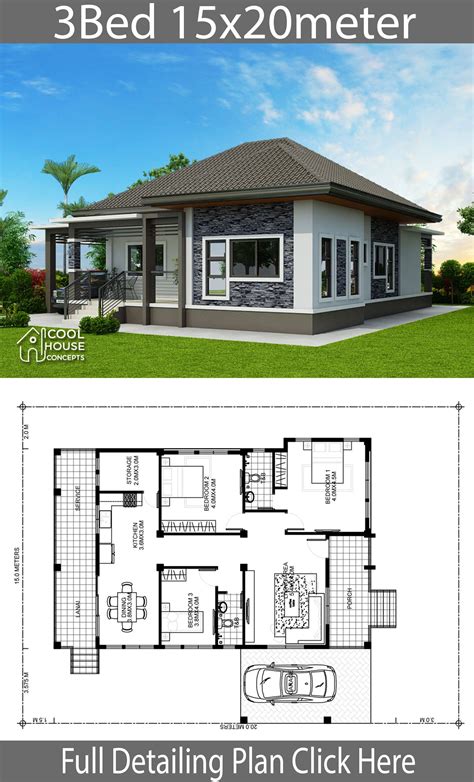 Home Design Plan 15x20m With 3 Bedroomshouse Descriptionone Car