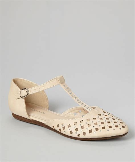 Beige Perforated Stud Lace T Strap Flat T Strap Flats Sock Shoes