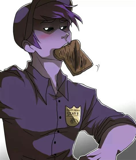 A Drawing Of A Man With Purple Hair Holding A Piece Of Bread In His Mouth
