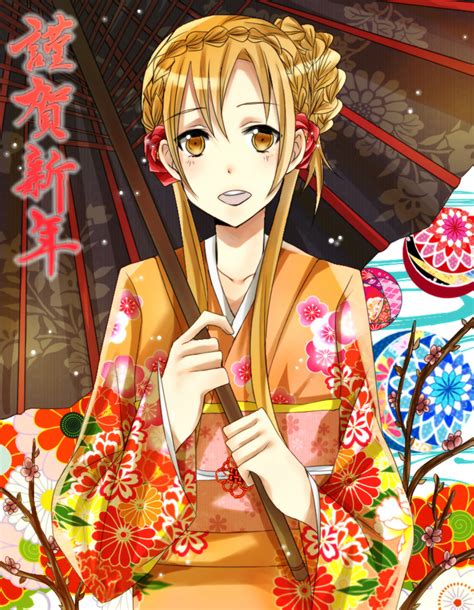Safebooru 1girl Asuna Sao Brown Eyes Brown Hair Getsuyoubi Japanese Clothes Kimono Long Hair