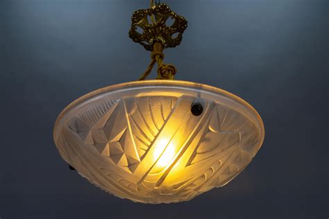 French Art Deco White Frosted Glass And Bronze Pendant Light By Noverdy 1930s For Sale At 1stdibs