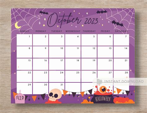 October 2023 Calendar Cute And Spooky Halloween Night Party Etsy Denmark