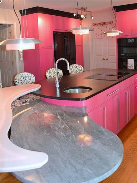 Deluxe Kitchen Apartmen Idea With Wooden Flooring And Pink Kitchen