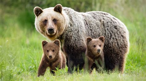 Protective Female Brown Bear Standing Close To Her Two Cubs Stock Photo