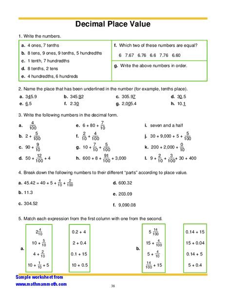 Place Value Of Decimal Numbers Worksheets Grade 5