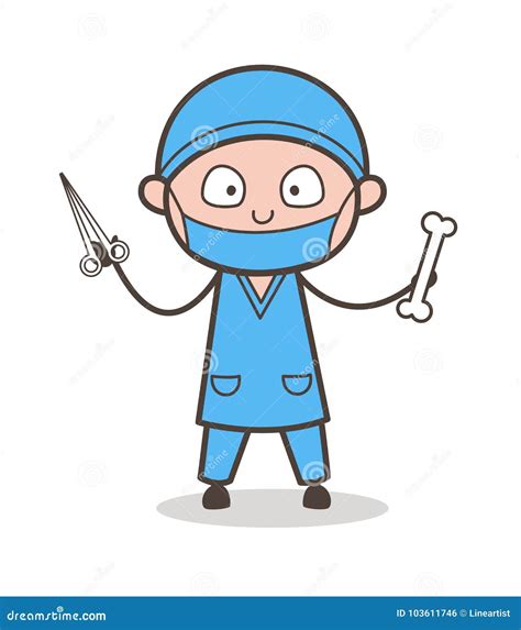 Cartoon Orthopedic Surgeon With Scissors And Bone Vector Stock