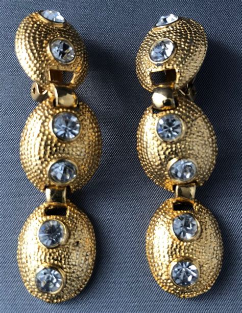 Vintage Clip On Earrings With Three Drops And Faux Diamonds
