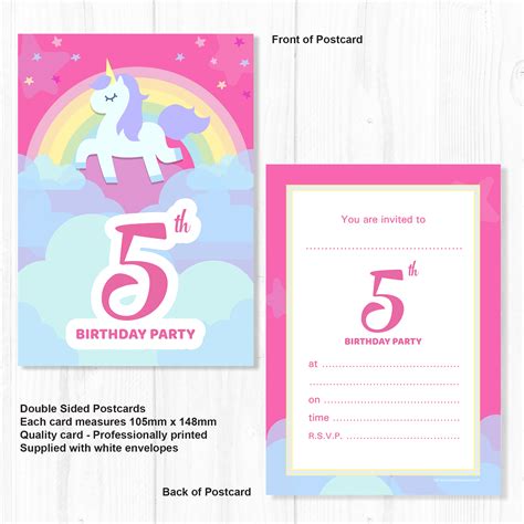 5th Birthday Party Invitations Unicorn And Rainbow Pink Invites Ready