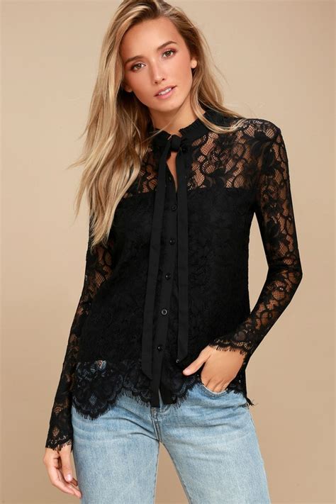 Sexy Black Top Black Lace Button Up Top Long Sleeve Top Lulus