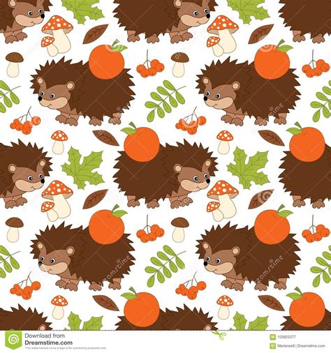 Vector Seamless Pattern With Cute Hedgehogs Mushrooms Berries And