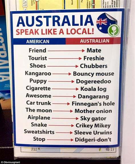 Cheat Sheet Helps American Tourists Speak Like An Aussie Daily Mail