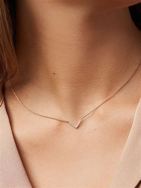 V Shaped Solid Gold Minimalist Necklace With A Pavé Style Delicate