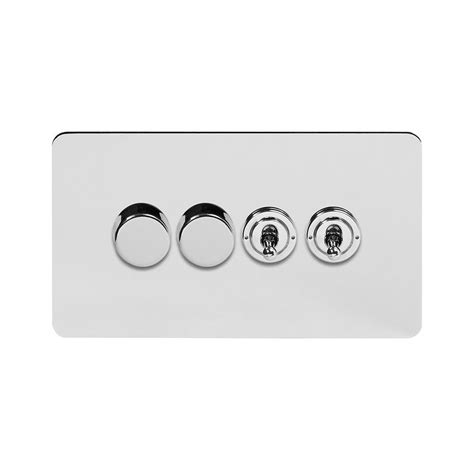 Polished Chrome Flat Plate 4 Gang Switch With 2 Dimmers 4 Gang Dimmer