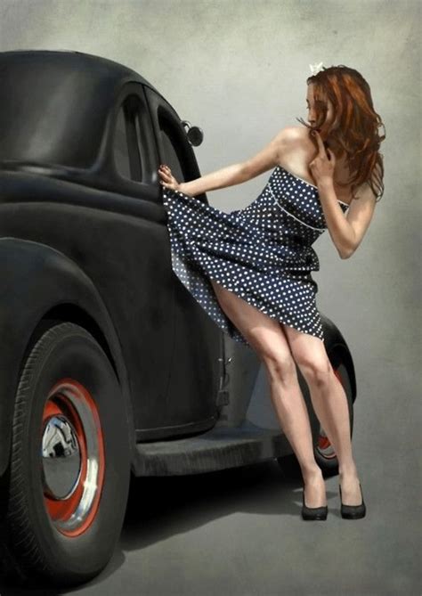 A Woman In A Dress Leaning On The Back Of A Black Car With Red Rims
