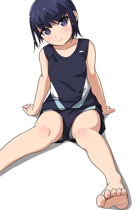 Safebooru Girl Arm Support Barefoot Blue Hair Blush Gym Uniform