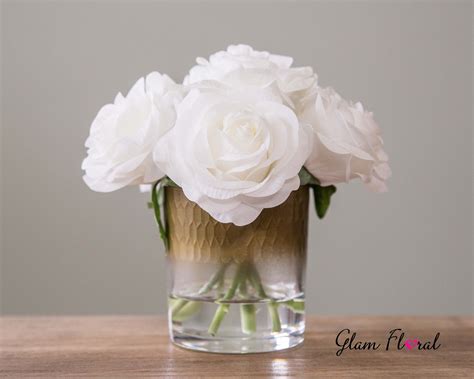 Real Touch Rose Flower Arrangement Cream White Roses In Faux Etsy
