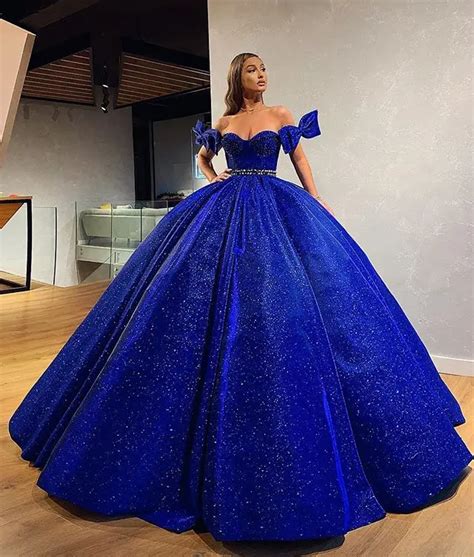 Royal Blue Puffy Ball Gown Arabic Dubai Style Evening Dress Sweetheart Neck Bows Sequin Long