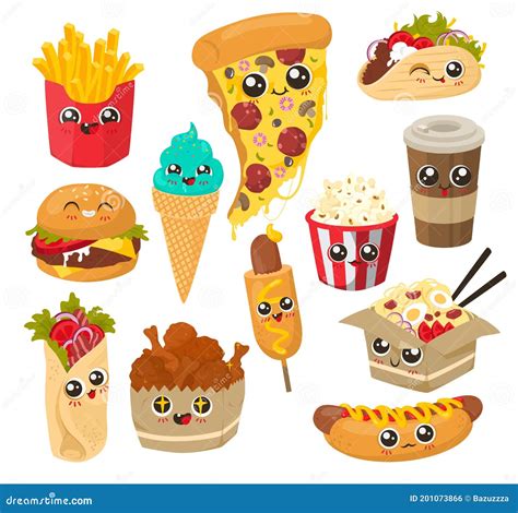 Cute And Funny Fast Food Character Set Flat Vector Illustration Happy