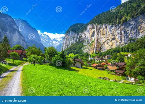 Famous Lauterbrunnen Valley With Gorgeous Waterfall And Swiss Alps