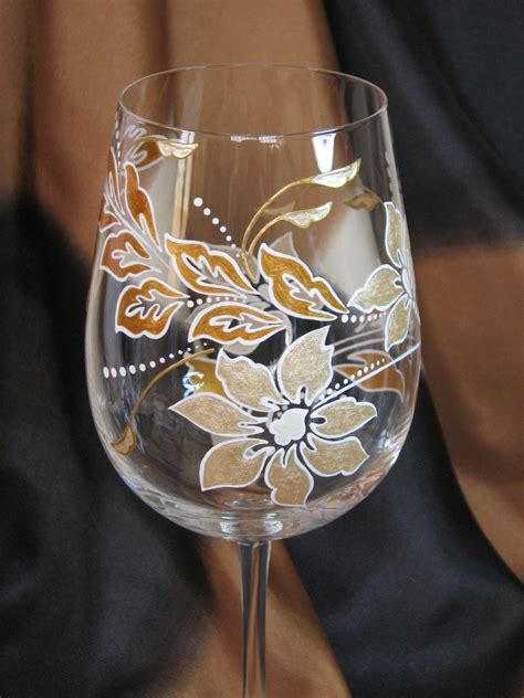 Hand Painted Wine Glass With Gold Elegant Flower Design Etsy