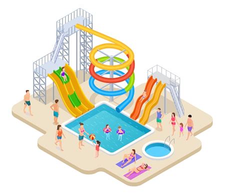 어린이 활동을위한 컬러 워터 슬라이드 및 튜브가있는 워터 파크 흰색 배경에 고립 된 Aquapark의 여름 명소 프리미엄 벡터