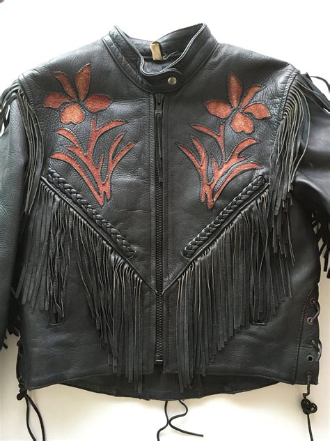 Black Leather Motorcycle Fringe Jacket With Flower Embossing Etsy