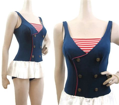 Vintage 60s Swimsuit Sailor Nautical Style Pin Up Skirted